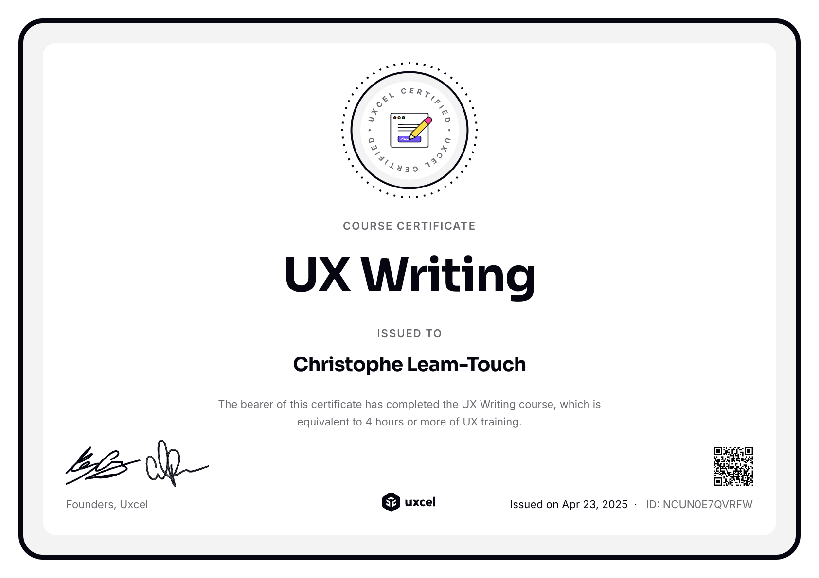 Christophe Leam-Touch's certificate
